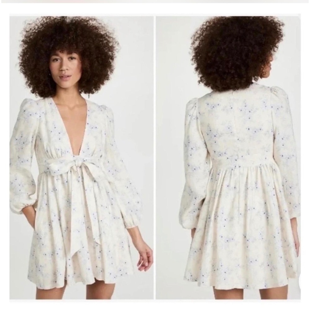 CAMI NYC Meri Mini Dress Women S Cream Blue Floral Linen Puff Sleeve EUC Deep V